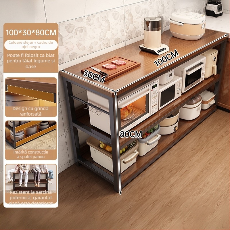 Raft de depozitare pentru cuptor cu microunde din bucătărie, lemn, multi-etajat, podea, design dreptunghiular, pentru colț, multifuncțional