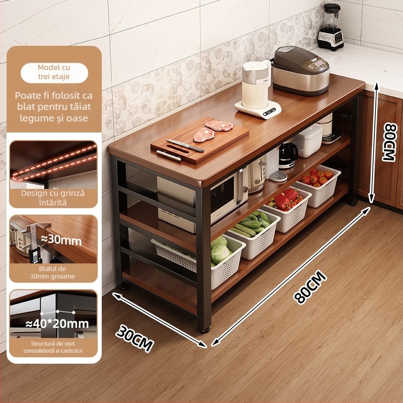 Raft de depozitare pentru cuptor cu microunde din bucătărie, lemn, multi-etajat, podea, design dreptunghiular, pentru colț, multifuncțional