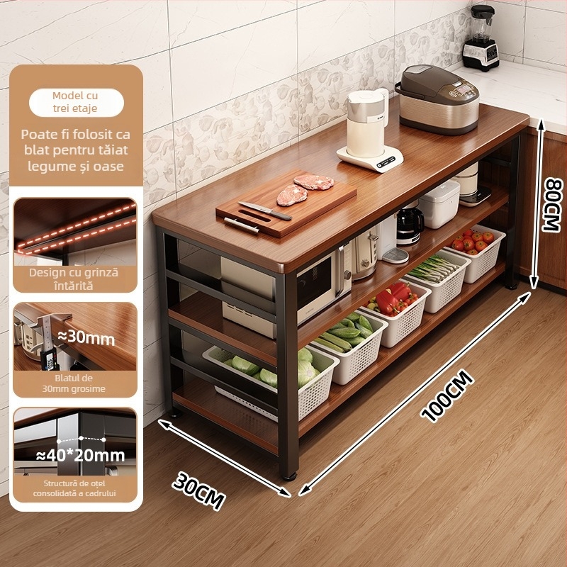 Raft de depozitare pentru cuptor cu microunde din bucătărie, lemn, multi-etajat, podea, design dreptunghiular, pentru colț, multifuncțional