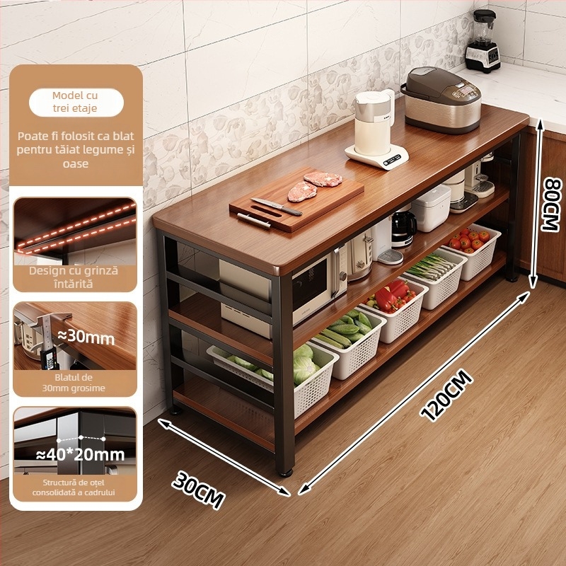 Raft de depozitare pentru cuptor cu microunde din bucătărie, lemn, multi-etajat, podea, design dreptunghiular, pentru colț, multifuncțional