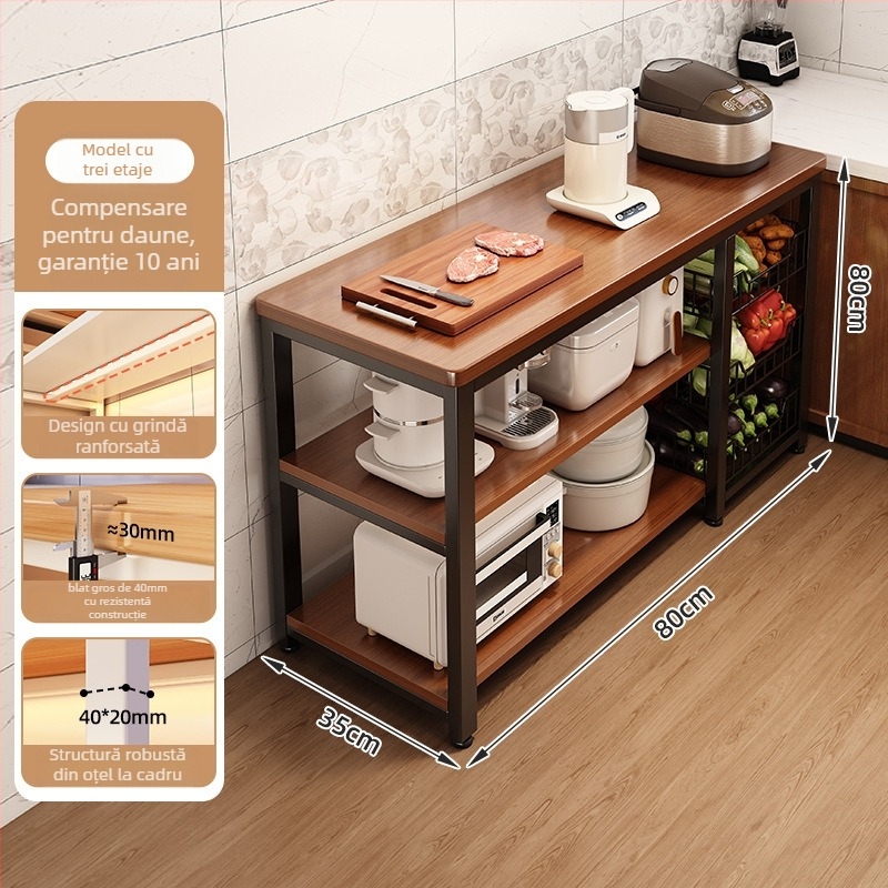 Raft de depozitare pentru cuptor cu microunde din bucătărie, lemn, multi-etajat, podea, design dreptunghiular, pentru colț, multifuncțional