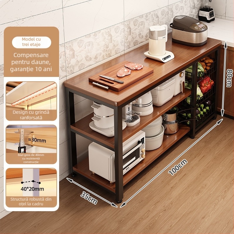 Raft de depozitare pentru cuptor cu microunde din bucătărie, lemn, multi-etajat, podea, design dreptunghiular, pentru colț, multifuncțional