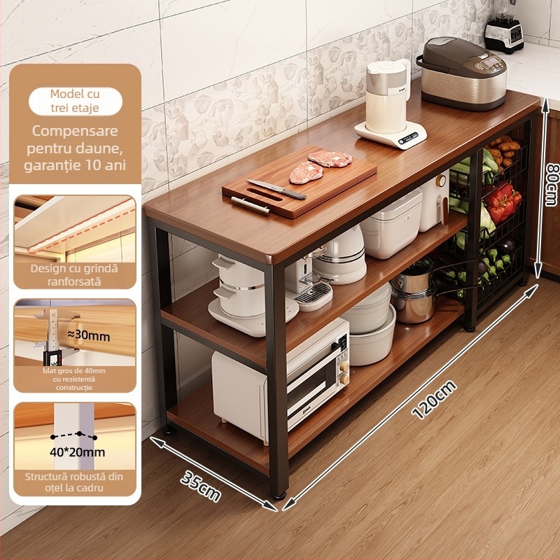 Raft de depozitare pentru cuptor cu microunde din bucătărie, lemn, multi-etajat, podea, design dreptunghiular, pentru colț, multifuncțional