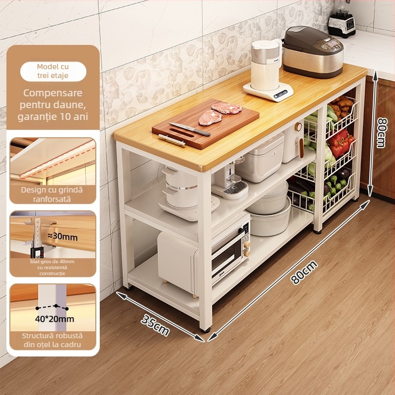 Raft de depozitare pentru cuptor cu microunde din bucătărie, lemn, multi-etajat, podea, design dreptunghiular, pentru colț, multifuncțional
