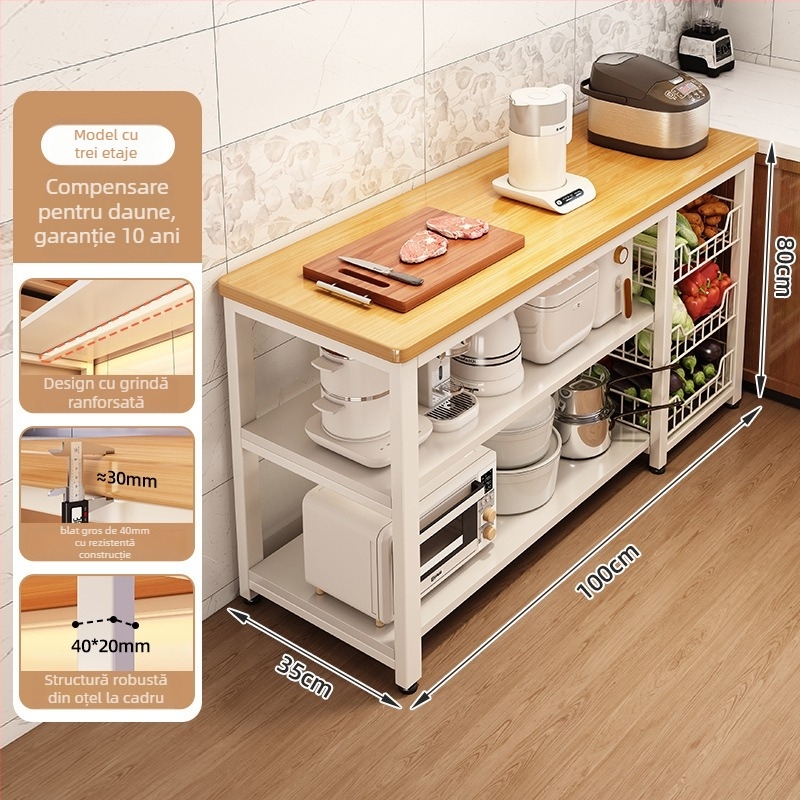 Raft de depozitare pentru cuptor cu microunde din bucătărie, lemn, multi-etajat, podea, design dreptunghiular, pentru colț, multifuncțional