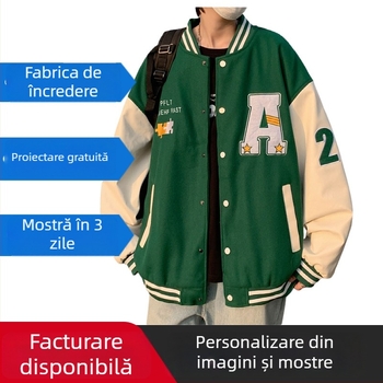 Geacă de baseball în stil american pentru bărbați, căptușită cu fleece, 100% poliester, croială lejeră, guler înalt