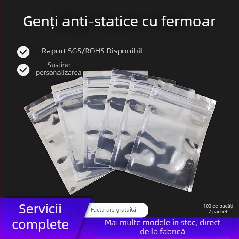 Pungă din plastic antistat pentru electronice – pungă cu închidere automată, protecție; origine China; cod produs: Anti-static ziplock bag; toleranță ±1–2 mm