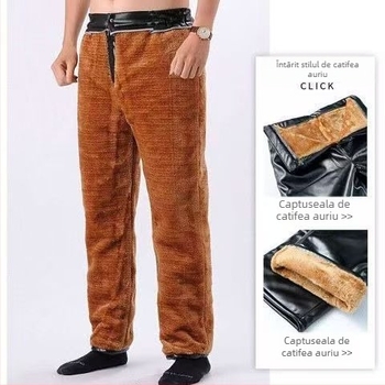 Pantaloni bărbați din piele PU, cu căptușeală din fleece, groși, rezistenți la vânt și apă, croială dreaptă, talie medie, iarnă 2024