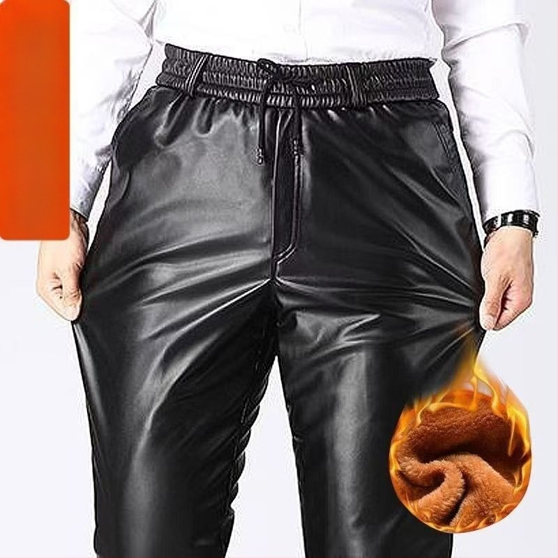 Pantaloni bărbați din piele PU, cu căptușeală din fleece, groși, rezistenți la vânt și apă, croială dreaptă, talie medie, iarnă 2024