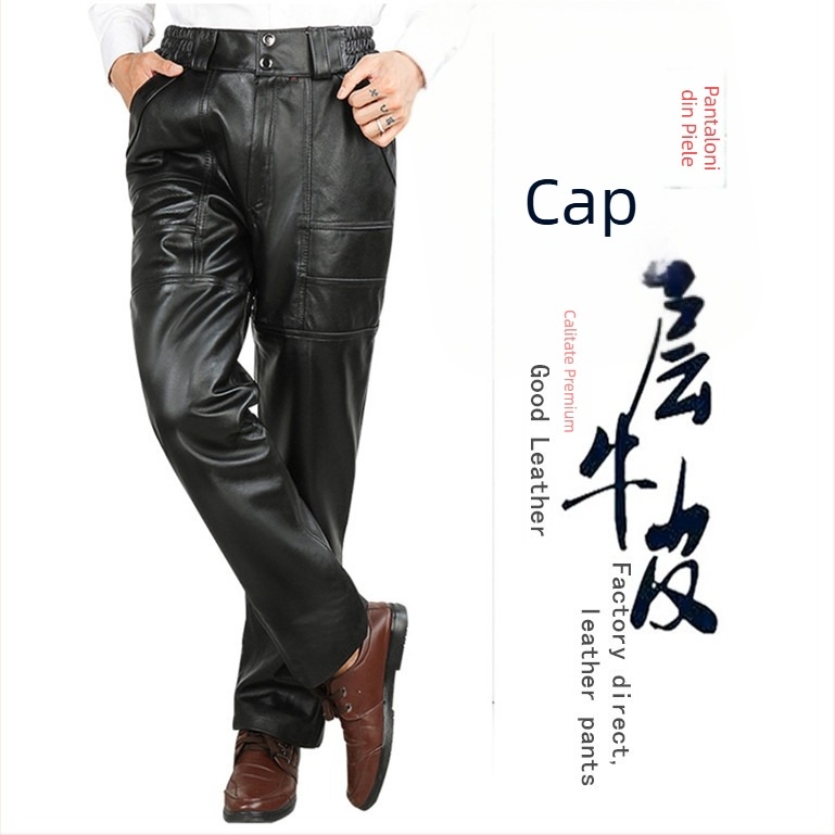 Pantaloni bărbătești din piele naturală, 100% piele, talie înaltă, croială dreaptă