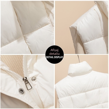 Vesta scurtă pentru femei, cu umplutură Down Cotton, material exterior poliester, guler polo, model în dungi/verifică, croială slim