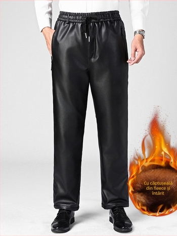 Pantaloni din piele PU cu căptușeală fleece, uni, croială drept, talie medie, pantaloni groși de iarnă