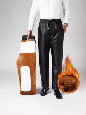Pantaloni din piele PU cu căptușeală fleece, uni, croială drept, talie medie, pantaloni groși de iarnă