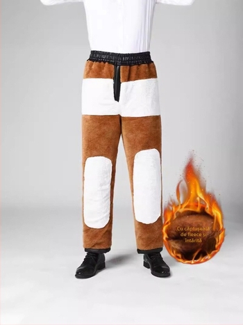 Pantaloni din piele PU cu căptușeală fleece, uni, croială drept, talie medie, pantaloni groși de iarnă