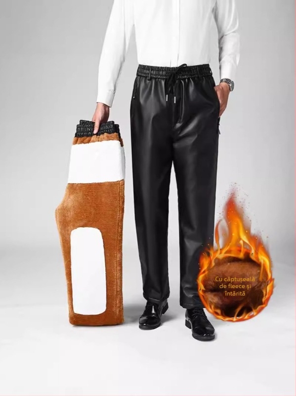 Pantaloni din piele PU cu căptușeală fleece, uni, croială drept, talie medie, pantaloni groși de iarnă