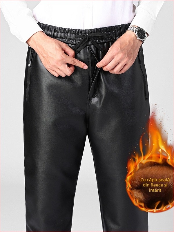 Pantaloni din piele PU cu căptușeală fleece, uni, croială drept, talie medie, pantaloni groși de iarnă