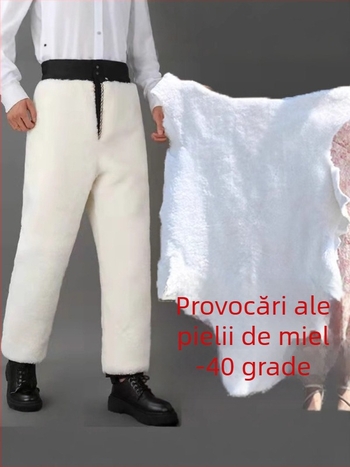 Pantaloni de iarnă din blană de miel, talie înaltă, croi lejer