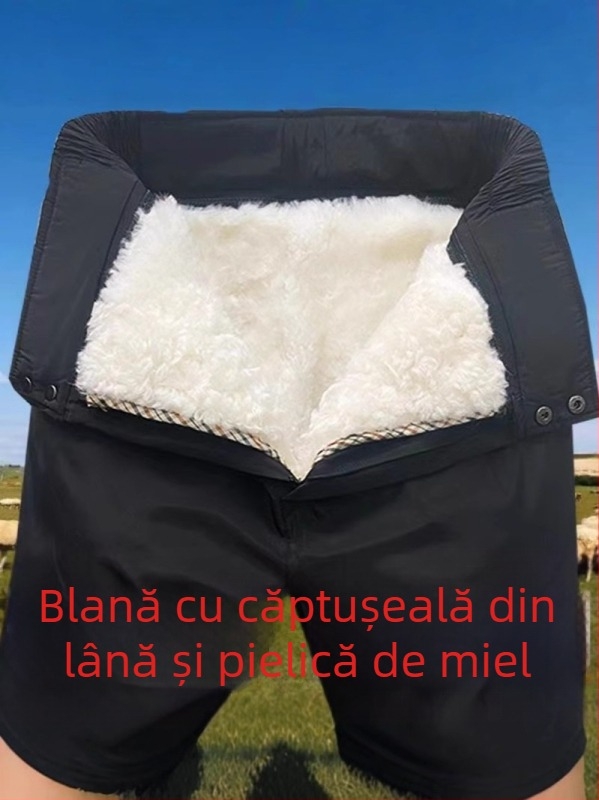 Pantaloni de iarnă din blană de miel, talie înaltă, croi lejer
