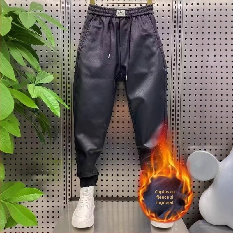 Pantaloni moto PU din piele, cu fleece, iarnă, croială strânsă, talie medie