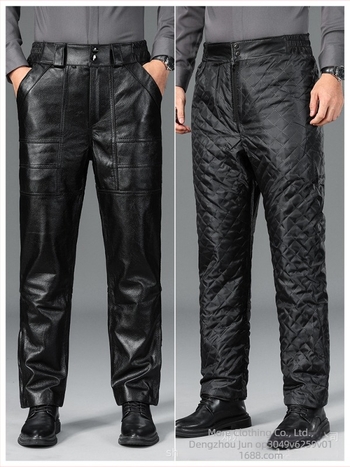 Pantaloni din piele naturală pentru bărbați, cu căptușeală quilted, impermeabili și rezistenți la vânt, croi drept, talie înaltă, iarna 2024