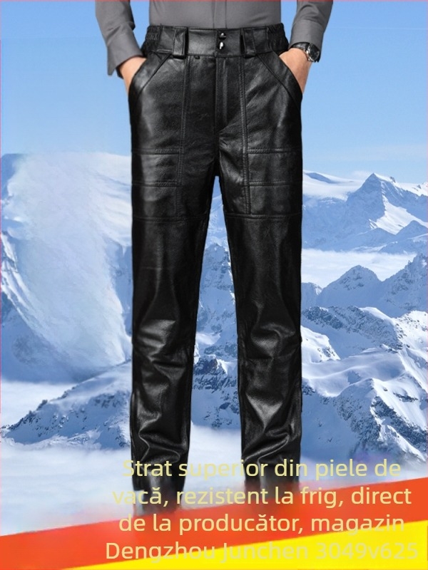 Pantaloni din piele naturală pentru bărbați, cu căptușeală quilted, impermeabili și rezistenți la vânt, croi drept, talie înaltă, iarna 2024