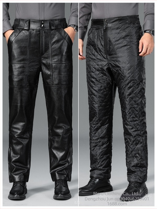 Pantaloni din piele naturală pentru bărbați, cu căptușeală quilted, impermeabili și rezistenți la vânt, croi drept, talie înaltă, iarna 2024