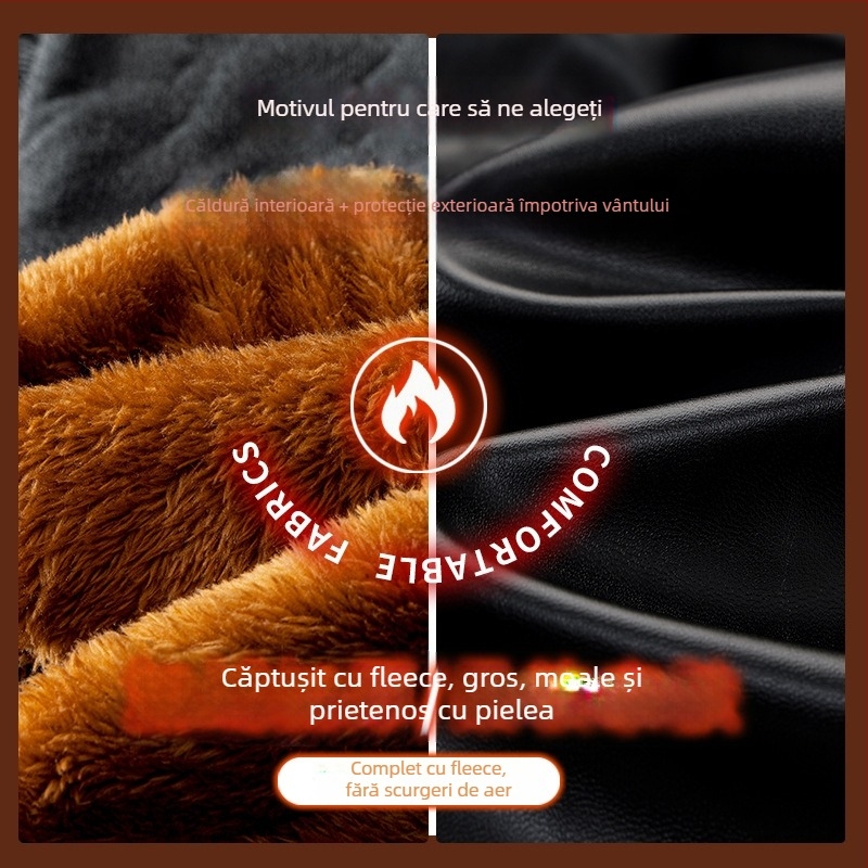 Pantaloni din piele PU, croială dreaptă, cu grosime suplimentară, căptușeală poliester, pentru iarnă