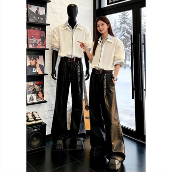 Pantaloni din piele pentru bărbați, micro flare, talie mijlocie, piele artificială, stil casual american, toamnă 2020