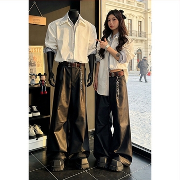 Pantaloni din piele pentru bărbați, micro flare, talie mijlocie, piele artificială, stil casual american, toamnă 2020