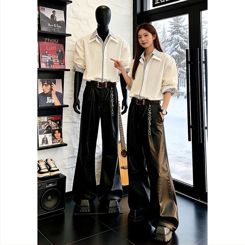 Pantaloni din piele pentru bărbați, micro flare, talie mijlocie, piele artificială, stil casual american, toamnă 2020