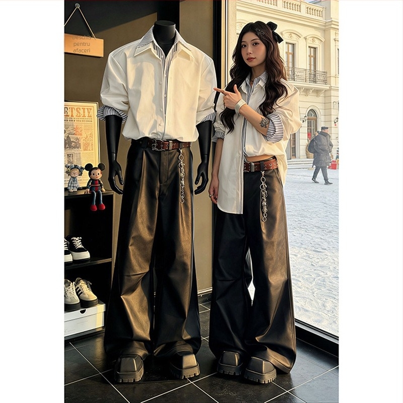 Pantaloni din piele pentru bărbați, micro flare, talie mijlocie, piele artificială, stil casual american, toamnă 2020