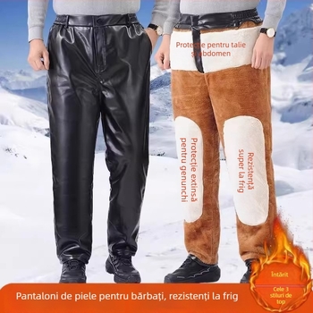 Pantaloni din piele PU pentru motocicletă, căptuțiți cu fleece, rezistenți la vânt și apă, talie înaltă, croială dreaptă