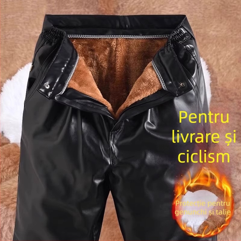Pantaloni din piele PU pentru motocicletă, căptuțiți cu fleece, rezistenți la vânt și apă, talie înaltă, croială dreaptă