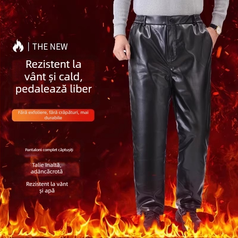 Pantaloni din piele PU pentru motocicletă, căptuțiți cu fleece, rezistenți la vânt și apă, talie înaltă, croială dreaptă