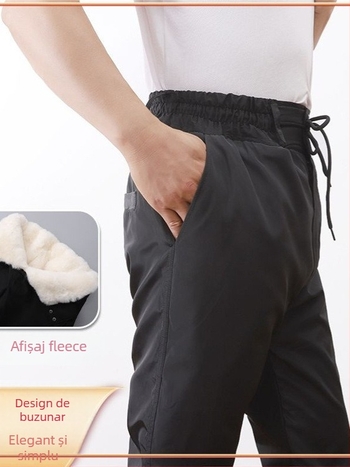 Pantaloni din lână și bumbac cu căptușeală din piele naturală, talie înaltă, croială lejeră, pentru iarnă