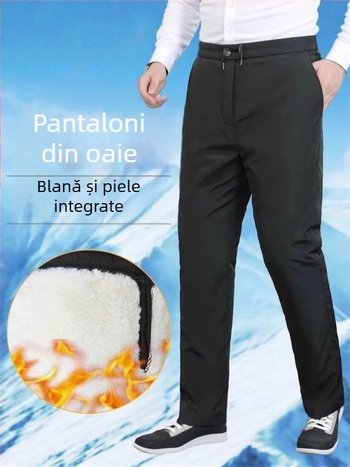 Pantaloni din lână și bumbac cu căptușeală din piele naturală, talie înaltă, croială lejeră, pentru iarnă