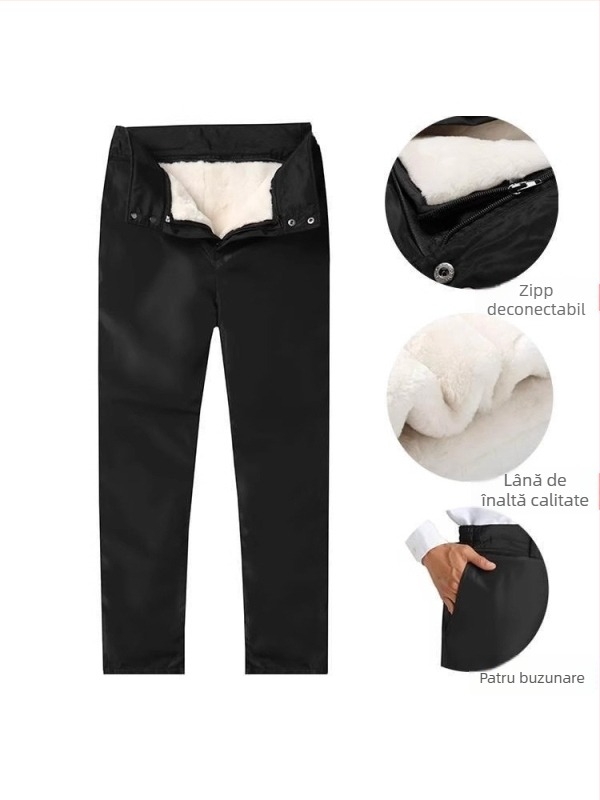 Pantaloni din lână și bumbac cu căptușeală din piele naturală, talie înaltă, croială lejeră, pentru iarnă