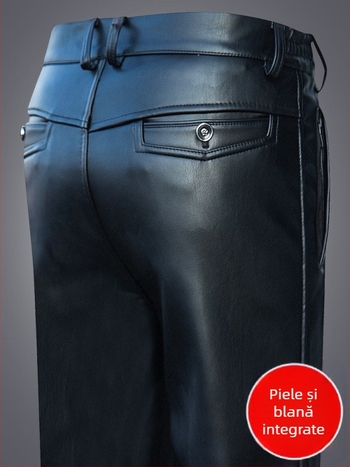 Pantaloni bărbați din PU piele pentru motocicletă, căptuțiți cu PU, groși pentru căldură, croială dreaptă, talie înaltă