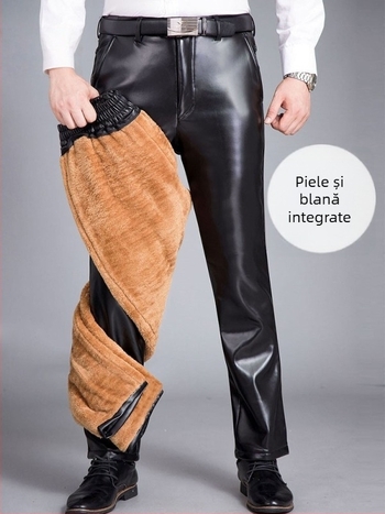 Pantaloni bărbați din PU piele pentru motocicletă, căptuțiți cu PU, groși pentru căldură, croială dreaptă, talie înaltă