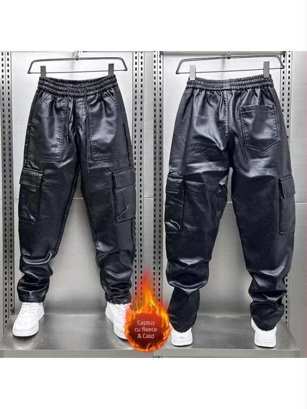 Pantaloni din piele PU, stil haarem, țesătură groasă, talie medie, multe buzunare