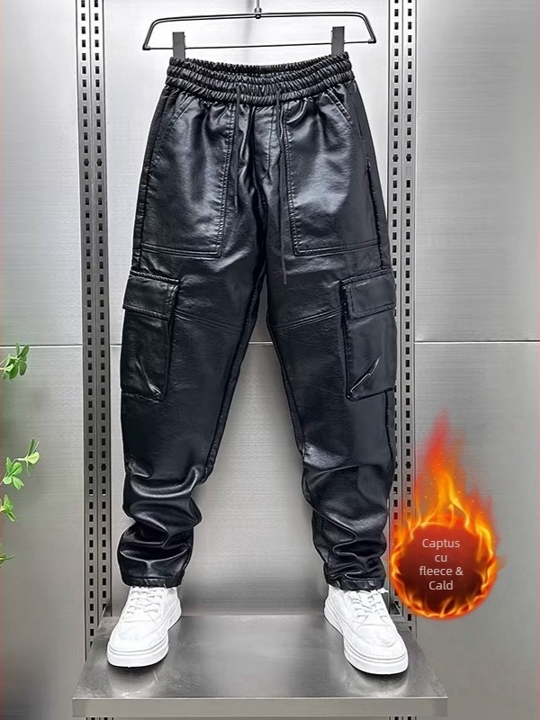 Pantaloni din piele PU, stil haarem, țesătură groasă, talie medie, multe buzunare