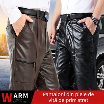 Pantaloni din piele naturală de vită, din primul strat, rezistenți la vânt, cald, impermeabili, talie înaltă, croială dreaptă, stil motocicletă, cu construcție întărită, croială lejeră