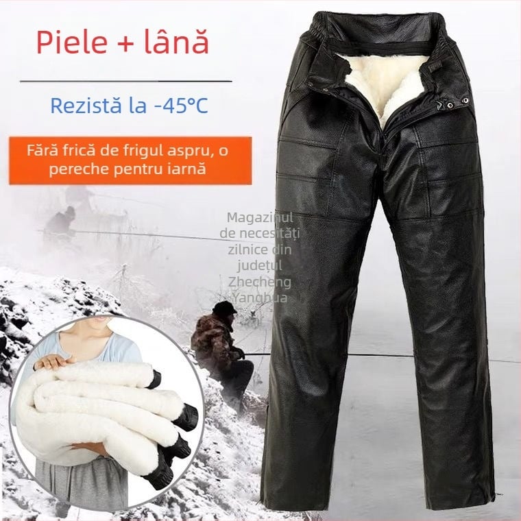 Pantaloni din piele naturală de vită, din primul strat, rezistenți la vânt, cald, impermeabili, talie înaltă, croială dreaptă, stil motocicletă, cu construcție întărită, croială lejeră