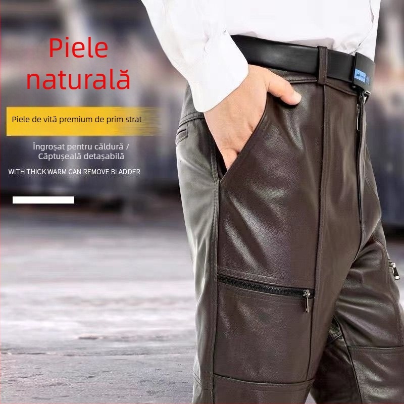Pantaloni din piele naturală de vită, din primul strat, rezistenți la vânt, cald, impermeabili, talie înaltă, croială dreaptă, stil motocicletă, cu construcție întărită, croială lejeră