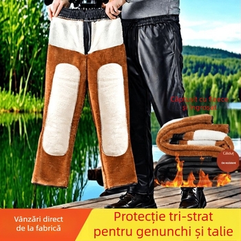 Pantaloni bărbați din piele artificială, căptuți cu fleece, talie înaltă, croială strânsă, pentru toamnă