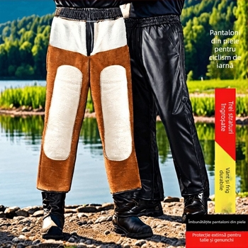 Pantaloni bărbați din piele artificială, căptuți cu fleece, talie înaltă, croială strânsă, pentru toamnă