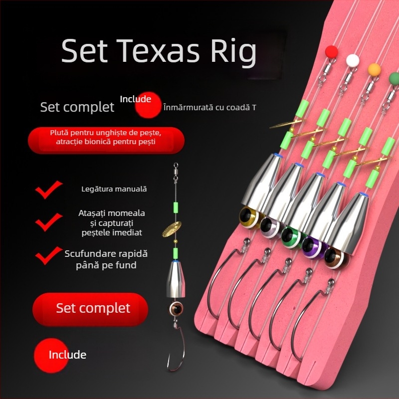 Kit de pescuit Texas Rig realizat manual, cu set inferior anti-înnodare, cârlig Crank, năluci și momeli moi (tip: manual; material: oțel cu carbon; loc de pescuit: rezervor)