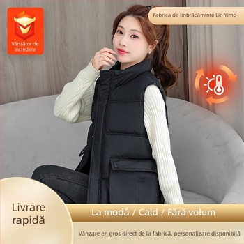 Vesta feminină cu umplutură din puf-pamuc – guler înalt, croială lejeră, model dungat/caro, țesătură poliester-viscoză, izolație groasă