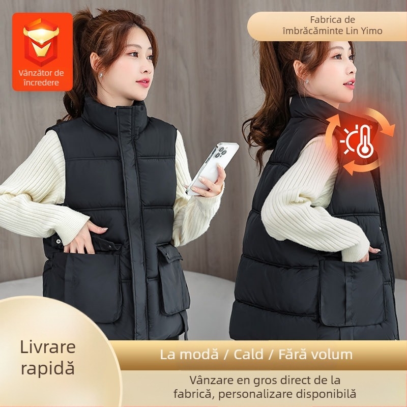 Vesta feminină cu umplutură din puf-pamuc – guler înalt, croială lejeră, model dungat/caro, țesătură poliester-viscoză, izolație groasă