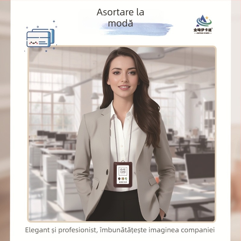 Portcard din piele naturală cu șnur telescopic pentru legitimație de serviciu